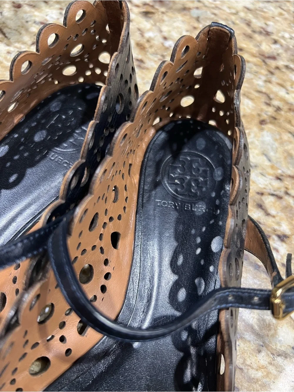 Tory Burch Black Perforated Mary Jane Flats w/ Gold Hardware 10M